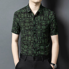Luxury Button-down Men’s 100% Silk Green Geometric-Pattern Slim Fit Shirt