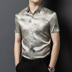 Men’s 100% Mulberry Silk Ink Wash Print Button-Up Shirt