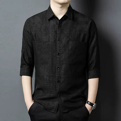100% Silk Men’s Black Textured Pattern 3/4 Sleeve Button-Down Shirt