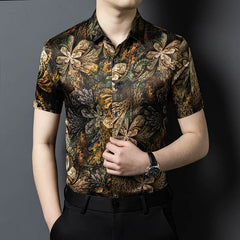 Men’s 100% Mulberry Silk Abstract Floral Print Designer Button-Up Shirt