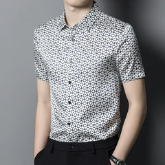 Modern Casual Men’s Geometric Print Silk Short-Sleeve Shirt Silk Top