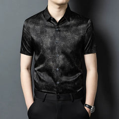 Modern Men’s 100% Silk Cracked Marble-Pattern Short-Sleeve Shirt