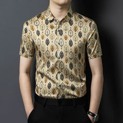 Men’s 100% Mulberry Silk Geometric Print Shirt Button-Up Silk Top