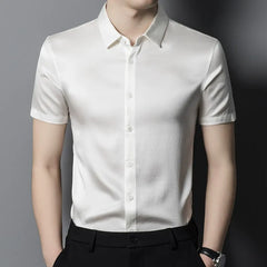 Simple Solid Color 100% Silk Men’s Short-Sleeve Shirt Office Silk Top