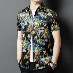 Men’s 100% Silk Luxury Satin Hawaiian Button-Up Floral Print Shirt