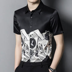 100% Silk Men’s Black Graphic Print Short Sleeve Button-Down Shirt