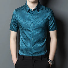 Modern Button-down Men’s Jacquard Patterned 100% Silk Shirt