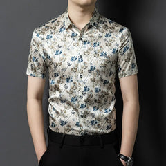 Summer Casual Men’s Floral Print 100% Silk Short-Sleeve Shirt