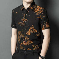 Men’s 100% Silk Printed Short Sleeve Landscape Art Button-Up Shirt