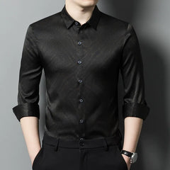 Men’s 100% Silk Long Sleeve Marble Jacquard Button-Up Dress Shirt