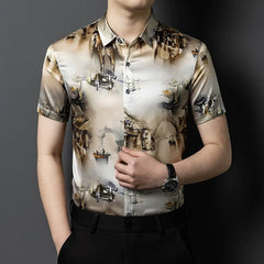 Men’s 100% Mulberry Silk Luxury Satin Button-Up Artistic Print Shirt