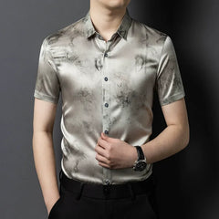 Men’s 100% Mulberry Silk Ink Wash Print Button-Up Shirt