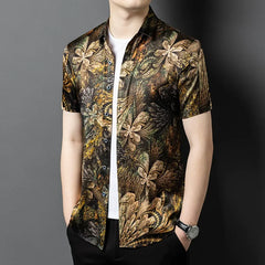 Men’s 100% Mulberry Silk Abstract Floral Print Designer Button-Up Shirt