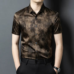 Modern Men’s 100% Silk Cracked Marble-Pattern Short-Sleeve Shirt