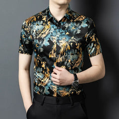 Men’s 100% Silk Luxury Satin Hawaiian Button-Up Floral Print Shirt