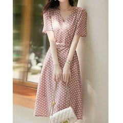 V-Neck 100% Silk Polka Dot Vintage-Inspired Midi A-Line Dress