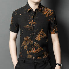 Men’s 100% Silk Printed Short Sleeve Landscape Art Button-Up Shirt