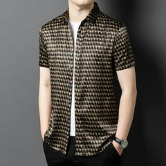Men’s 100% Mulberry Silk Geometric Print Designer Button-Up Shirt
