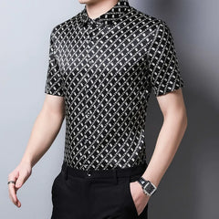 Men’s 100% Silk Geometric Black-and-white Pattern Causal Shirt