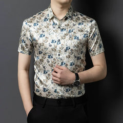 Summer Casual Men’s Floral Print 100% Silk Short-Sleeve Shirt