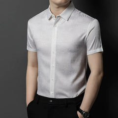 Men’s 100% Silk Jacquard Short Sleeve Button-Up Collared Dress Shirt