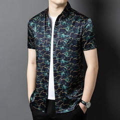 Men’s 100% Silk Marble-Pattern Short-Sleeve Button-down Casual Shirt