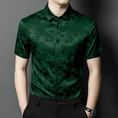 Men’s Bamboo Print 100% Silk Short-Sleeve Shirt Lapel Silk Top