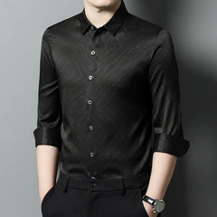 Men’s 100% Silk Long Sleeve Marble Jacquard Button-Up Dress Shirt