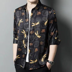Men’s 100% Luxury Silk Long Sleeve Button-Up Dragonfly Print Shirt