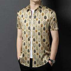 Men’s 100% Mulberry Silk Geometric Print Shirt Button-Up Silk Top