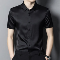 Simple Solid Color 100% Silk Men’s Short-Sleeve Shirt Office Silk Top