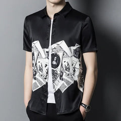 100% Silk Men’s Black Graphic Print Short Sleeve Button-Down Shirt