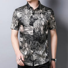 Men’s Abstract Print 100% Silk Short-Sleeve Shirt Silk Top