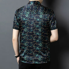 Men’s 100% Silk Marble-Pattern Short-Sleeve Button-down Casual Shirt