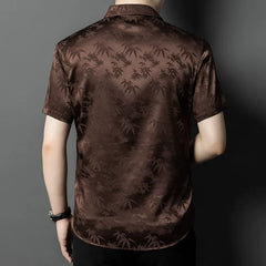 Men’s Bamboo Print 100% Silk Short-Sleeve Shirt Lapel Silk Top