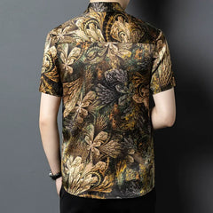 Men’s 100% Mulberry Silk Abstract Floral Print Designer Button-Up Shirt