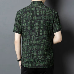 Luxury Button-down Men’s 100% Silk Green Geometric-Pattern Slim Fit Shirt