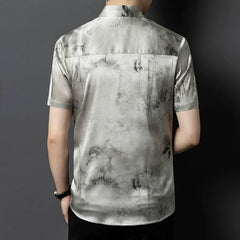 Men’s 100% Mulberry Silk Ink Wash Print Button-Up Shirt