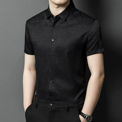 Men’s 100% Silk Jacquard Short Sleeve Button-Up Collared Dress Shirt