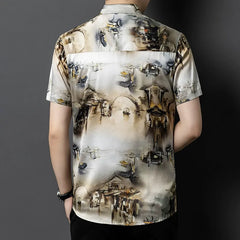 Men’s 100% Mulberry Silk Luxury Satin Button-Up Artistic Print Shirt