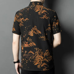 Men’s 100% Silk Printed Short Sleeve Landscape Art Button-Up Shirt