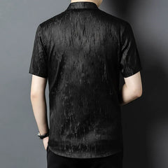 100% Silk Men’s Black Textured Luxury Modern Button-Down Short Sleeve Shirt