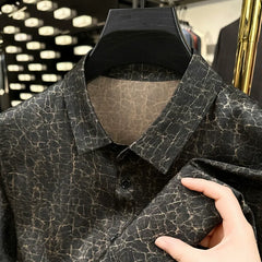 Classic Men’s 100% Silk Black Cracked-Marble Button-Front Shirt