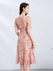 V Neck 100% Pink Floral Midi Dress Button Front Tie Waist Dress