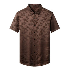 Men’s Bamboo Print 100% Silk Short-Sleeve Shirt Lapel Silk Top