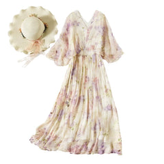 V-Neck 100% Mulberry Silk Floral Printed Beach Maxi Dress