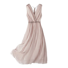 V-Neck Adjustable Straps Sleeveless Chiffon Silk Dress with Smocked Waist