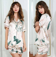 Flower Short Silk Pajamas For Women Mulberry Silk Pajamas Set