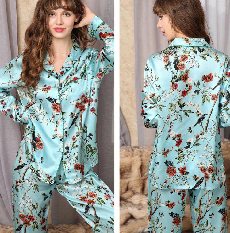Pyjama en soie imprimé fleur de qualité pour femmes, ensemble de pyjama de luxe en soie de mûrier à manches longues