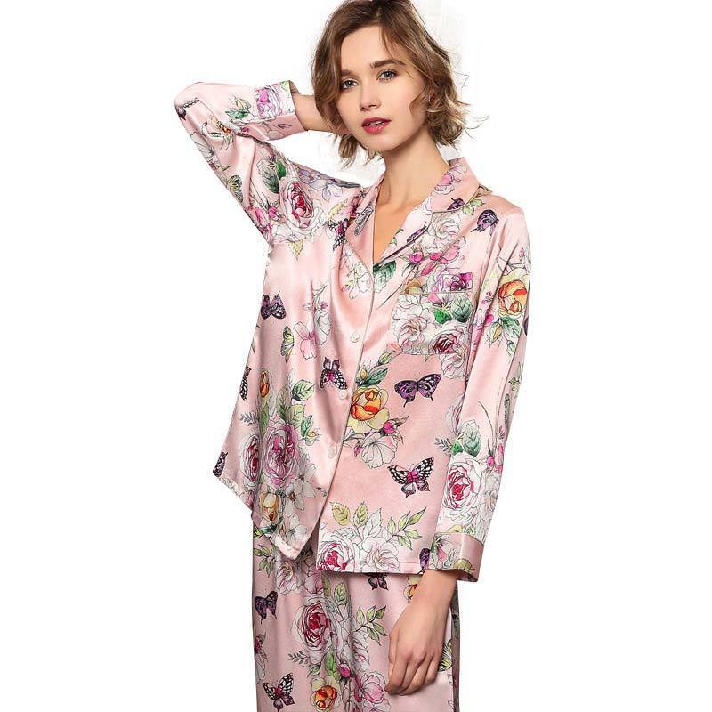 Los pijamas de lujo de las señoras de la seda de morera fijaron los pijamas de seda largos de la impresión de la mariposa para las mujeres